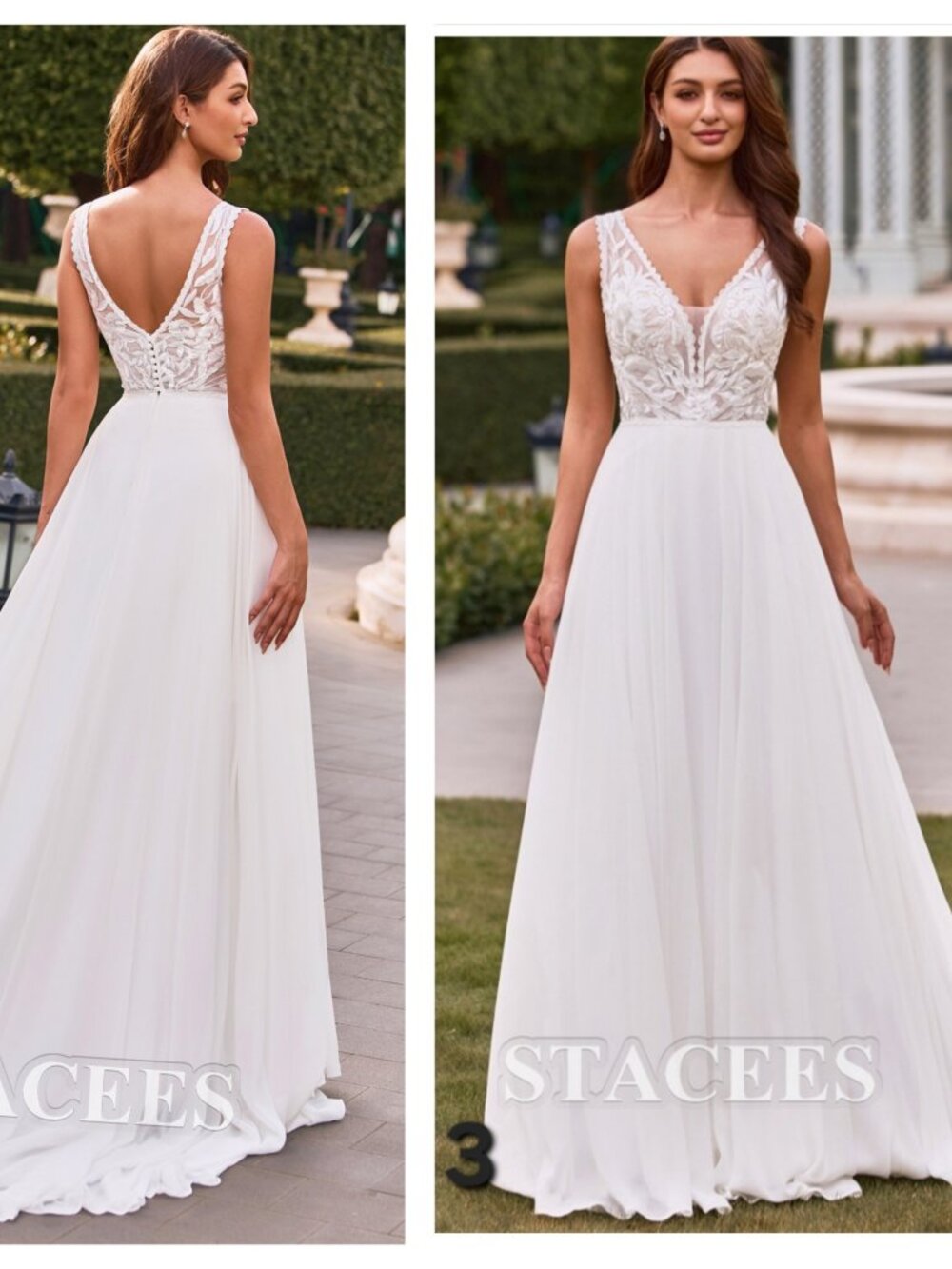 NEW Stacees 16 Ivory Illusion Lace Chiffon A Line Deep Vneck Wedding Dress Bride
